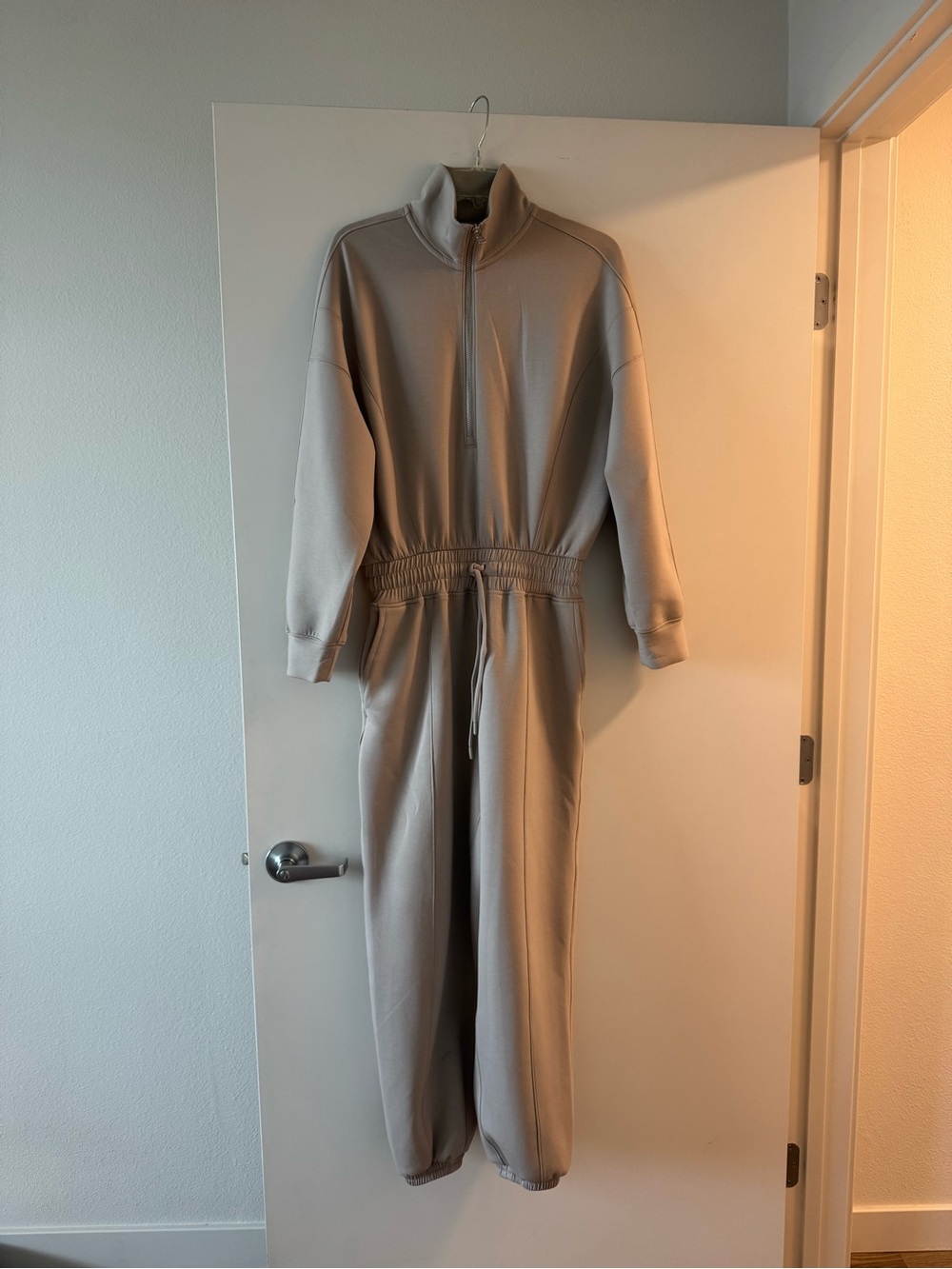 YPB Abercombie & Fitch High-Neck Drawstring Jumpsuit in Light Taupe - Size S
